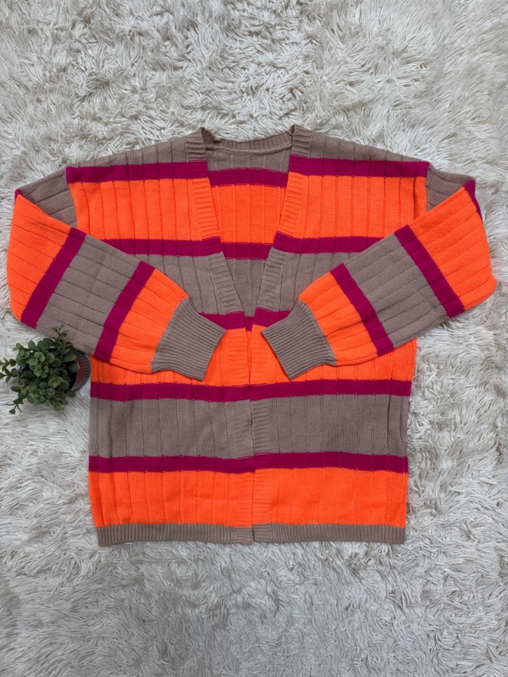 πHPπ Boutique NWOT Striped Knit Open Cardigan π Taupe Neon Orange & Magenta - Picture 3 of 13